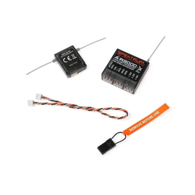 Récepteur Spectrum AR8000 DSMX 8 canaux 2,4 GHz avec satellite, compatible avec les émetteurs d'avions radiocommandés Spectrum DX8, DX7s, DX6, DX6i, DSM2, JR, DSX7 et DSX6.