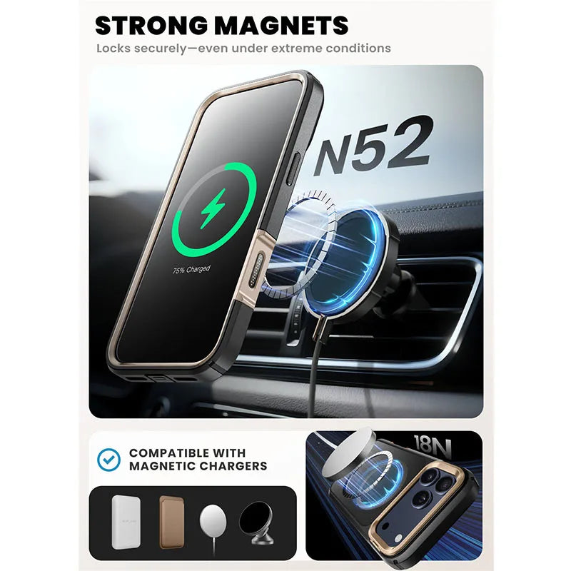 Magnetic Phone Case for iPhone 17 Pro Max Full-Body Cover with Tempered Glass Screen Protector & Stand	