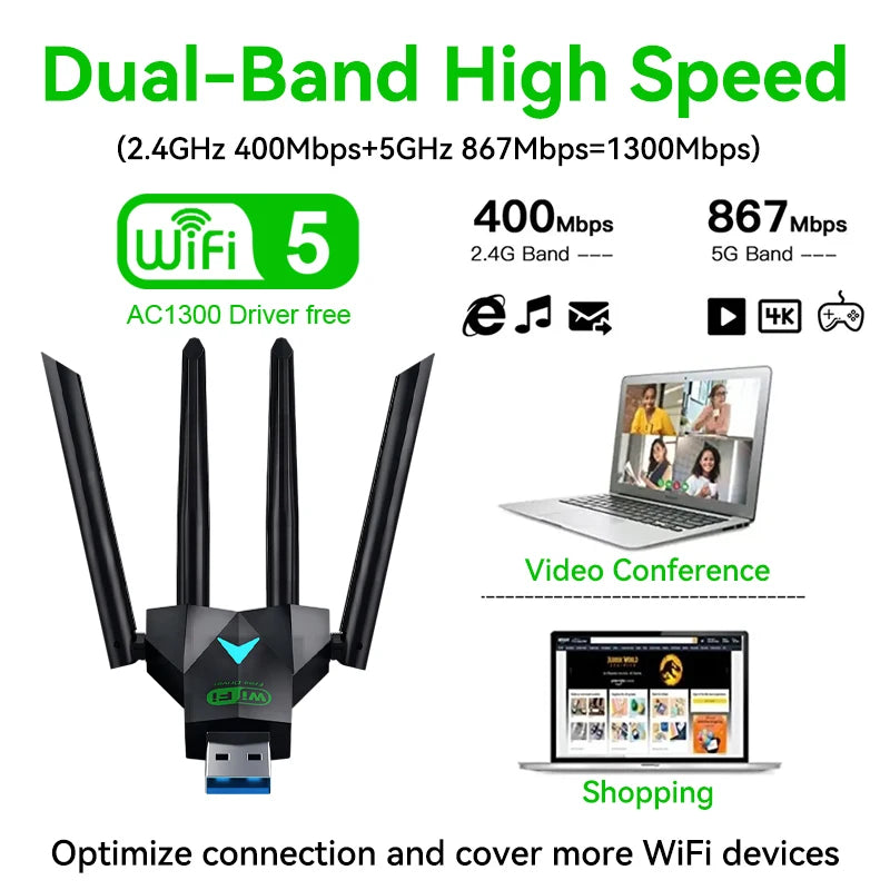 1300Mbps Dual Band WiFi USB Adapter 2.4G/5Ghz Wi-Fi Dongle USB3.0 802.11AC 4-Antenna Wireless Receiver For PC/Laptop Driver Free	