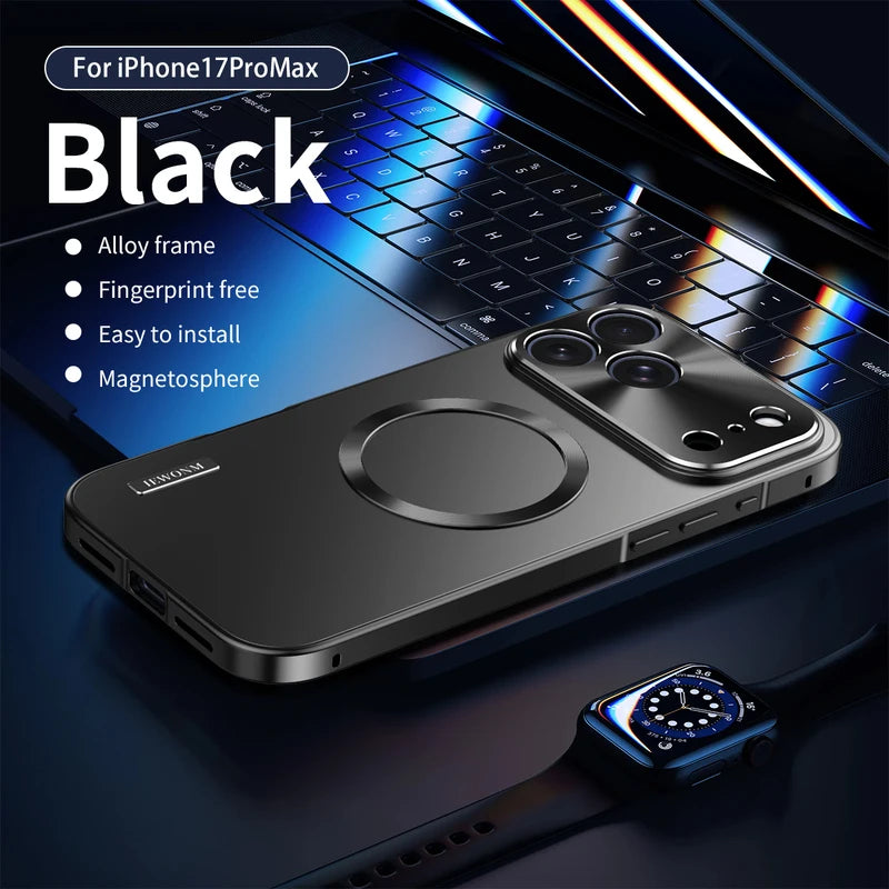 All Aluminum Metal Case for iPhone 17 Pro max Frame Magnetic Suction PC Frosted Backplate Phone Cover  Shockproof Ultra-Thin	
