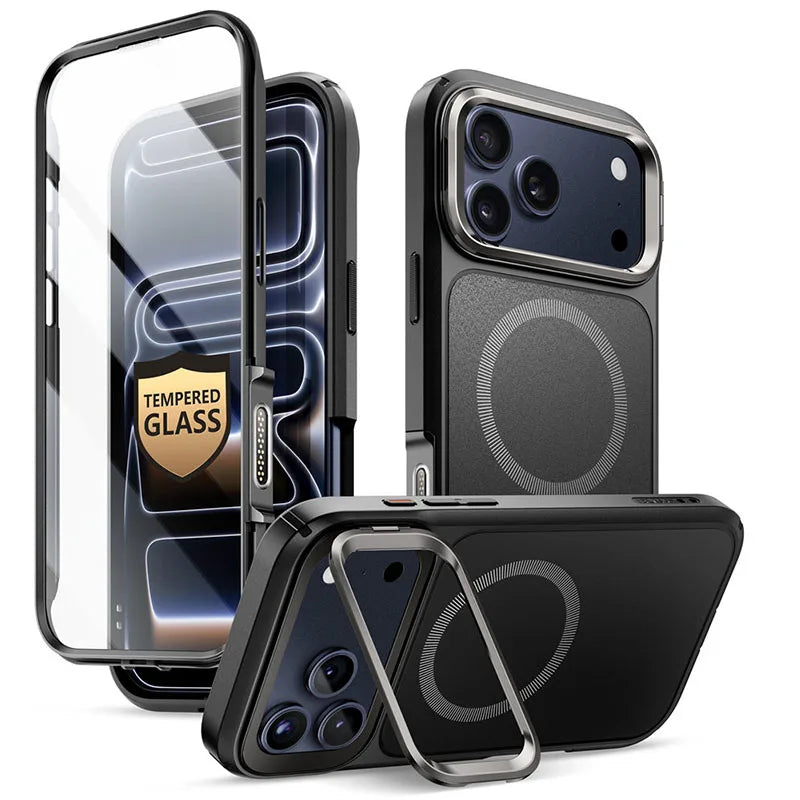 Magnetic Phone Case for iPhone 17 Pro Max Full-Body Cover with Tempered Glass Screen Protector & Stand	