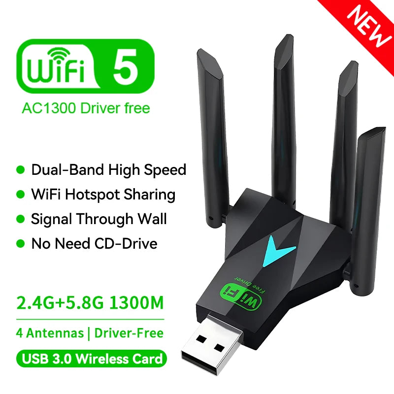 1300Mbps Dual Band WiFi USB Adapter 2.4G/5Ghz Wi-Fi Dongle USB3.0 802.11AC 4-Antenna Wireless Receiver For PC/Laptop Driver Free	