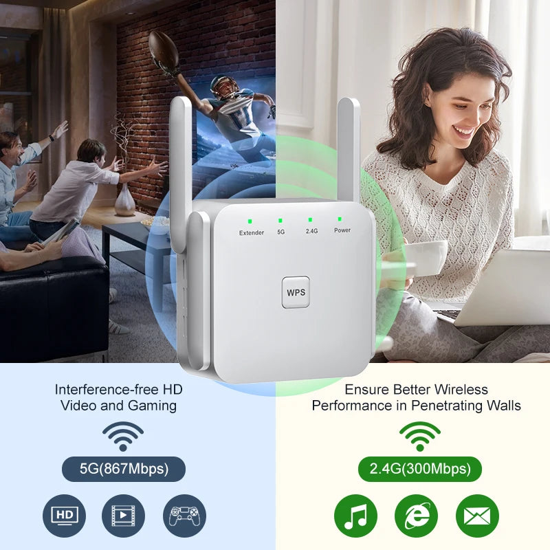 1200Mbps 5G WiFi Repeater AC1200 Wi-Fi Extender Amplifier 2.4G Wi-Fi Signal Booster Long Range Network	