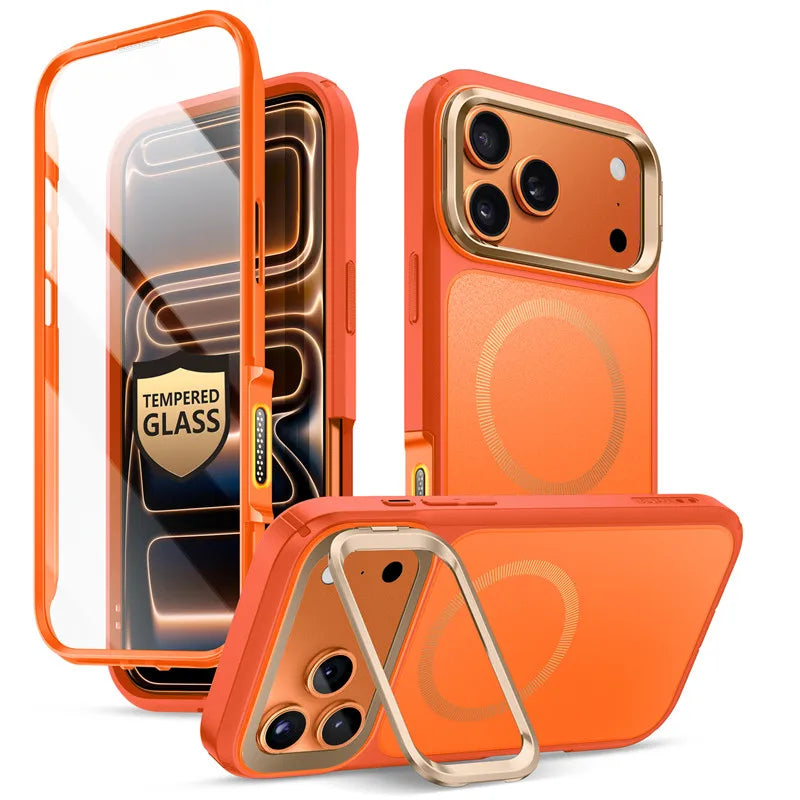 Magnetic Phone Case for iPhone 17 Pro Max Full-Body Cover with Tempered Glass Screen Protector & Stand	