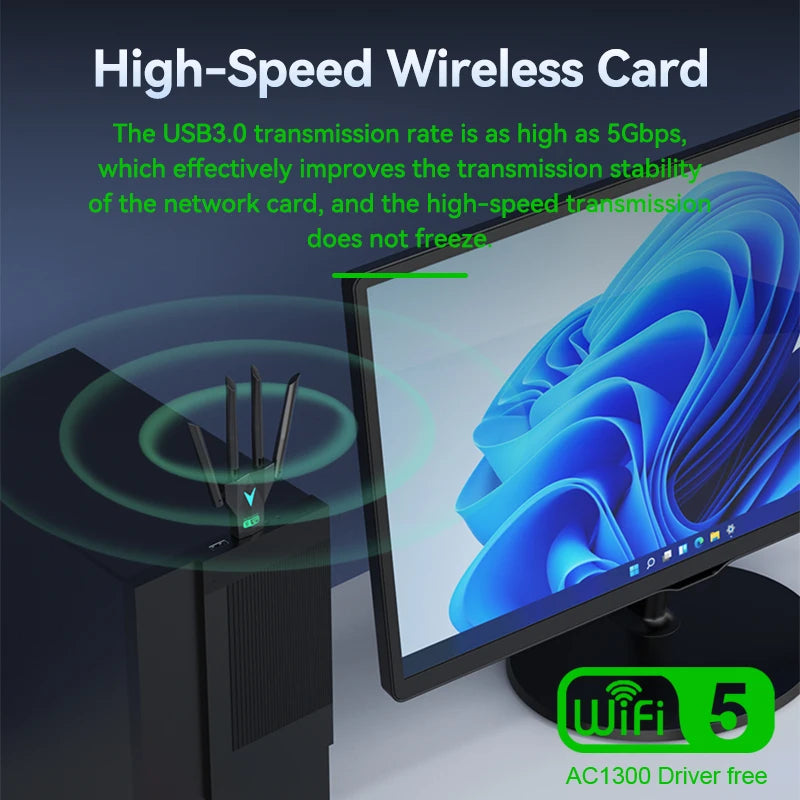 1300Mbps Dual Band WiFi USB Adapter 2.4G/5Ghz Wi-Fi Dongle USB3.0 802.11AC 4-Antenna Wireless Receiver For PC/Laptop Driver Free	