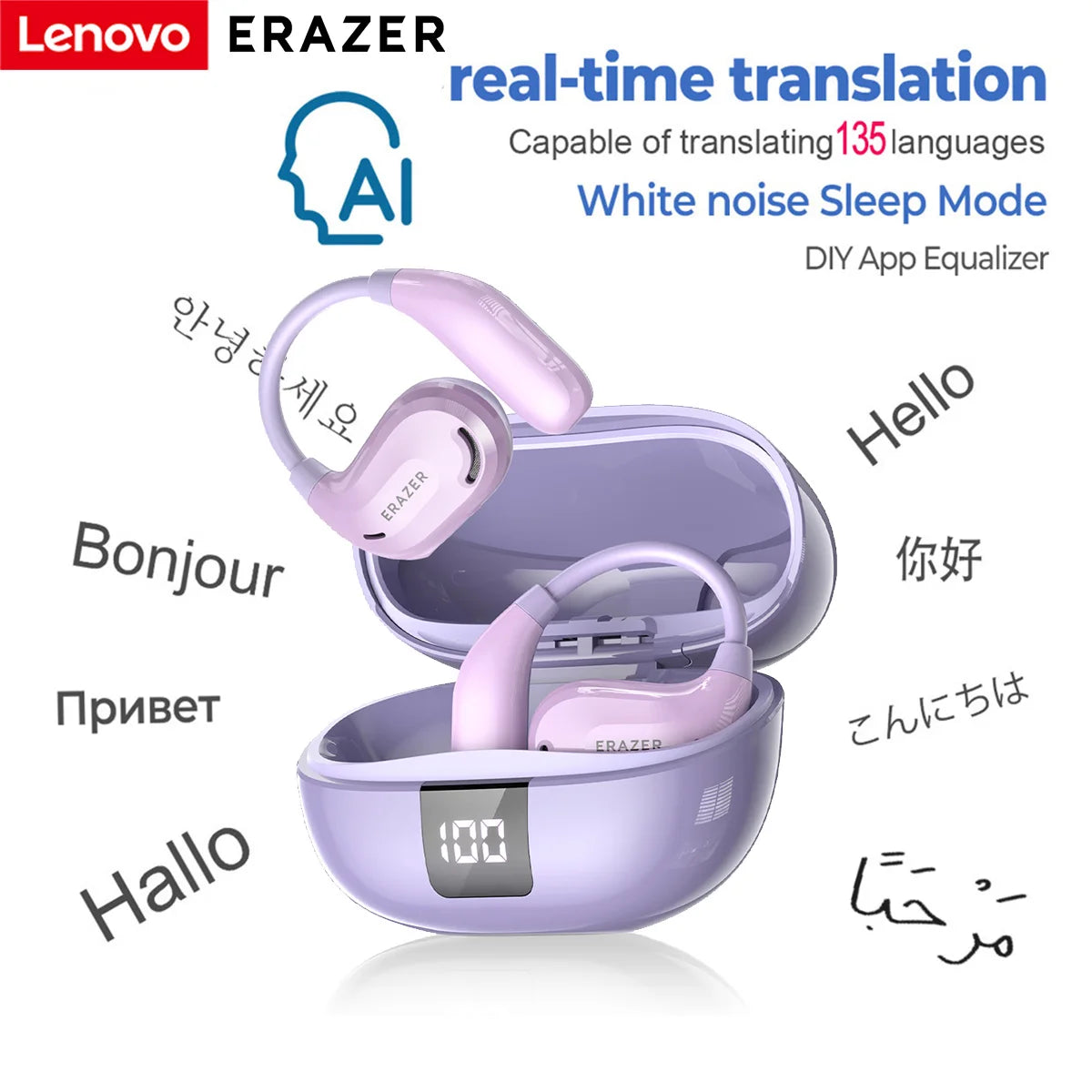 ERAZER XT66PRO AI Translator Earbuds Bluetooth Earphones ASMR Headsets DIY APP Wireless Headphones 13 Hours long life Display-ShoptAI	