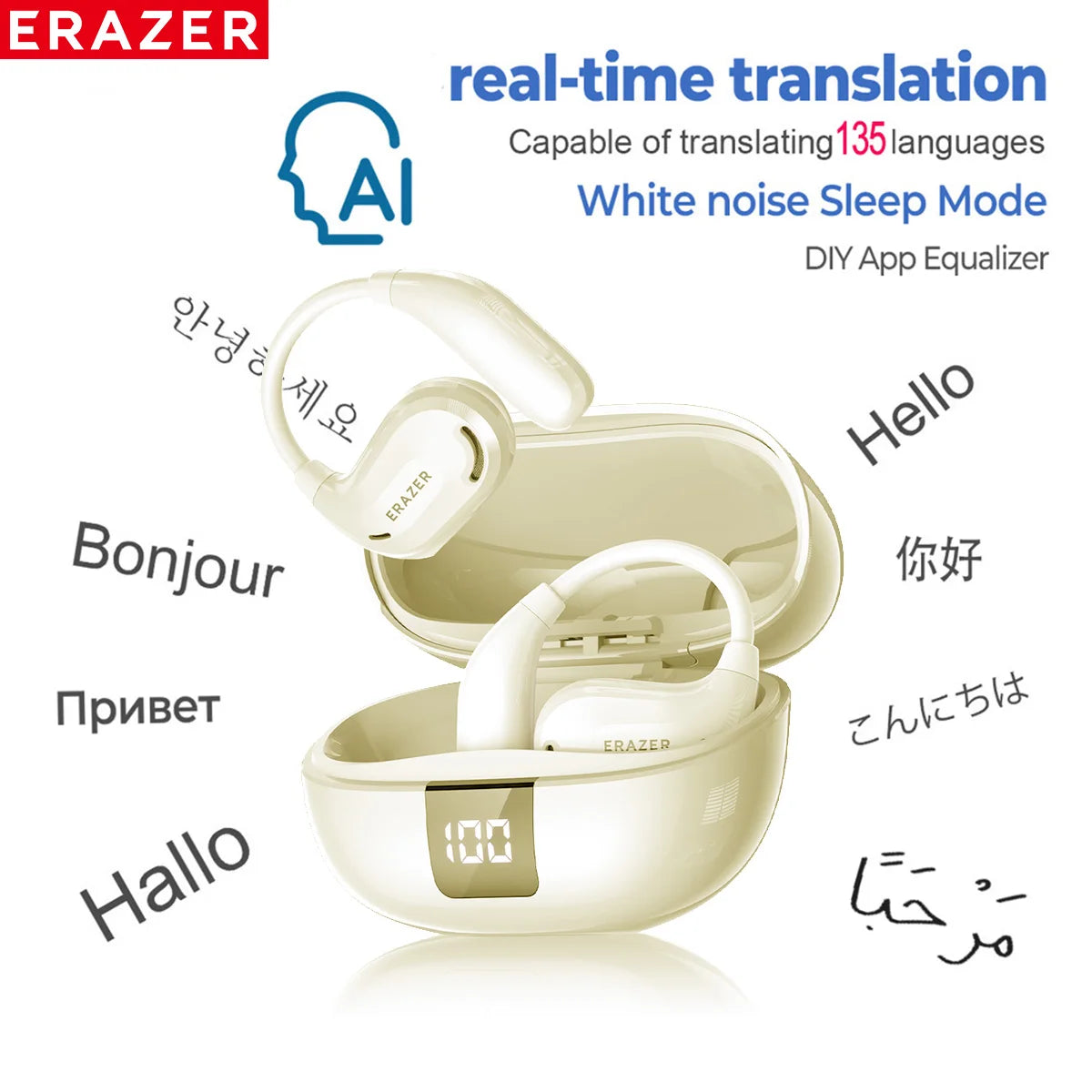 ERAZER XT66PRO AI Translator Earbuds Bluetooth Earphones ASMR Headsets DIY APP Wireless Headphones 13 Hours long life Display-ShoptAI	
