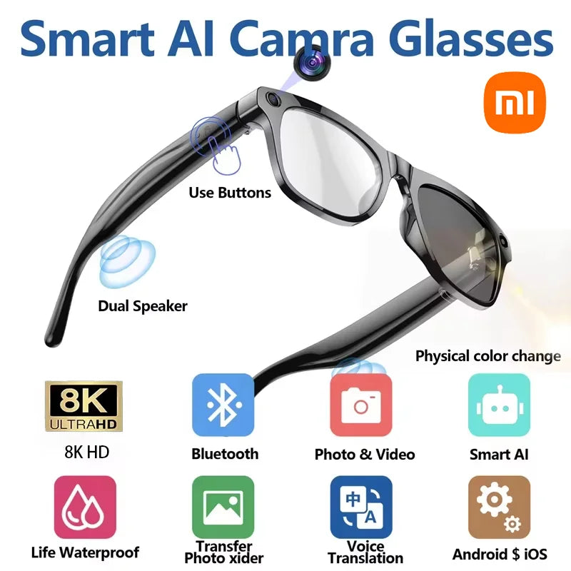 AI Smart Glasses Xiaomi 8K HD Photochromic Multifunction Translate Camera Music Player Bluetooth Calling Voice Assistant-ShoptAI	