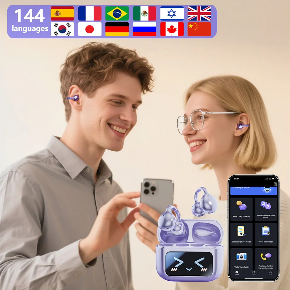 Wireless Bluetooth Earphone 144 Languages Real-Time AI Translation Headphones Touch Screen HiFi Audio Earbuds Sports Games Headset	