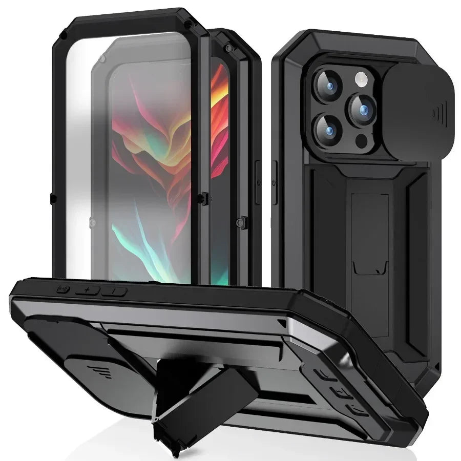 Aluminum Metal Case for iPhone Air 17 Pro Max 16e 16 15  Military Armor Shockproof Slide Lens Cover Heavy Duty Glass Screen Protector	