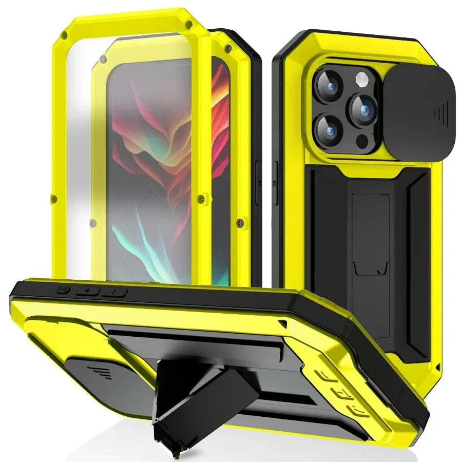 Aluminum Metal Case for iPhone Air 17 Pro Max 16e 16 15  Military Armor Shockproof Slide Lens Cover Heavy Duty Glass Screen Protector	