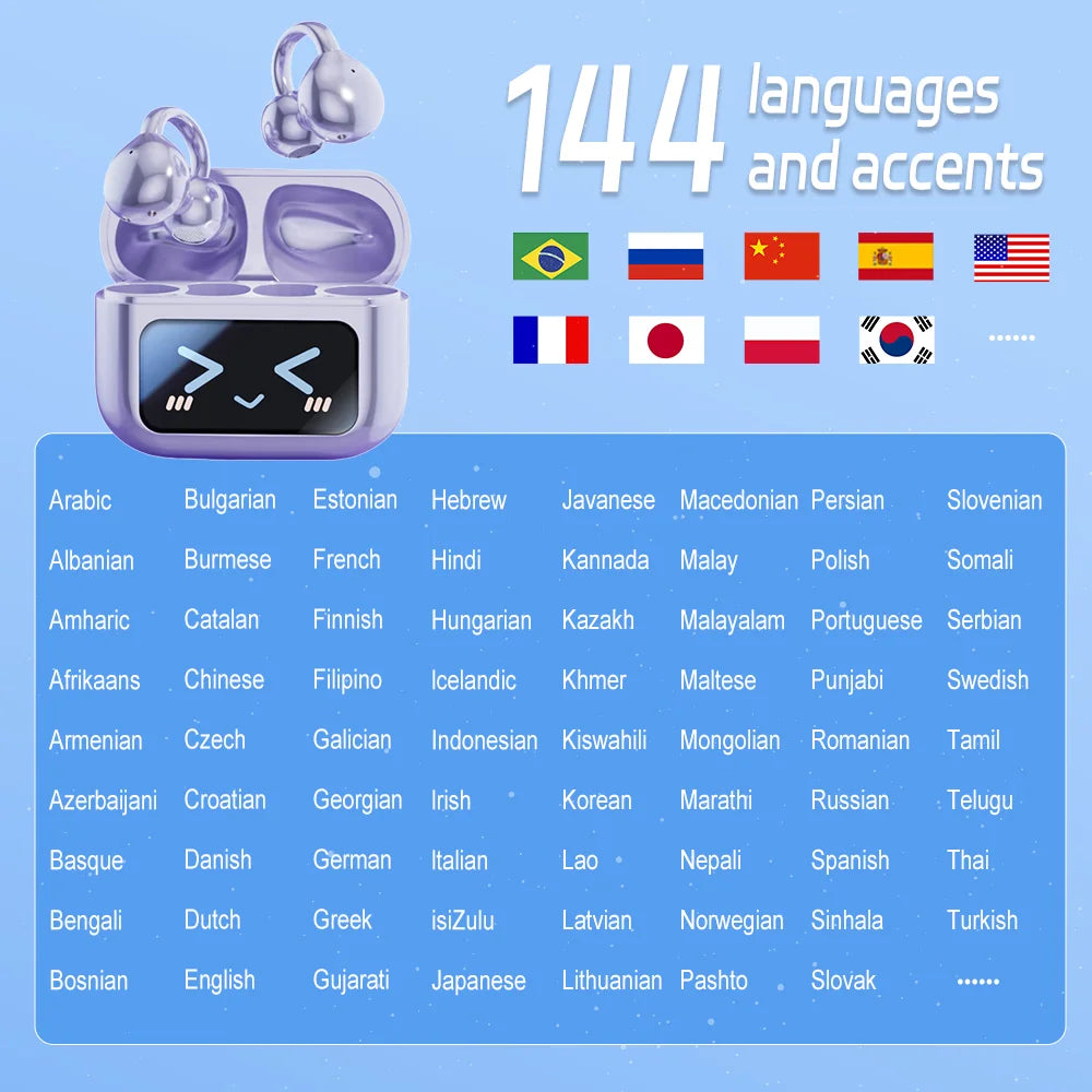 Wireless Bluetooth Earphone 144 Languages Real-Time AI Translation Headphones Touch Screen HiFi Audio Earbuds Sports Games Headset	