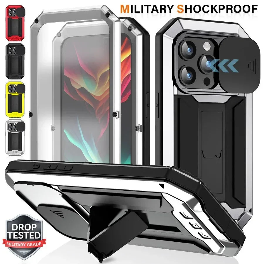 Aluminum Metal Case for iPhone Air 17 Pro Max 16e 16 15  Military Armor Shockproof Slide Lens Cover Heavy Duty Glass Screen Protector	
