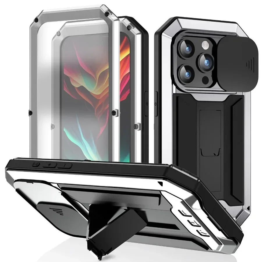 Aluminum Metal Case for iPhone Air 17 Pro Max 16e 16 15  Military Armor Shockproof Slide Lens Cover Heavy Duty Glass Screen Protector	