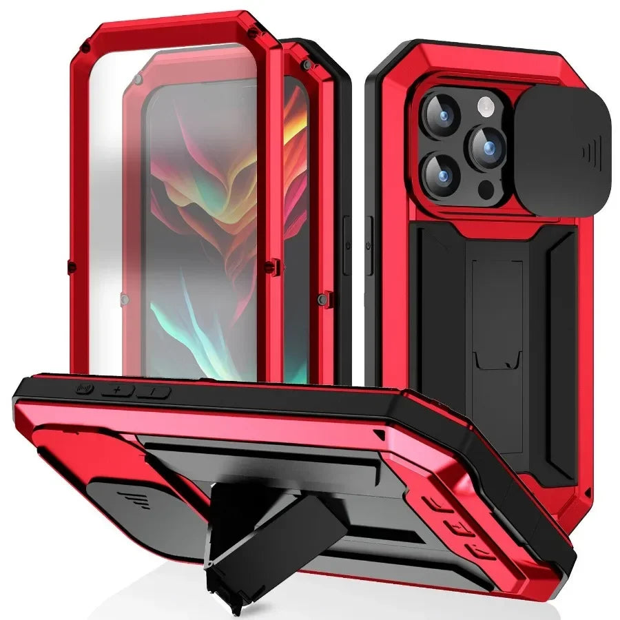 Aluminum Metal Case for iPhone Air 17 Pro Max 16e 16 15  Military Armor Shockproof Slide Lens Cover Heavy Duty Glass Screen Protector	