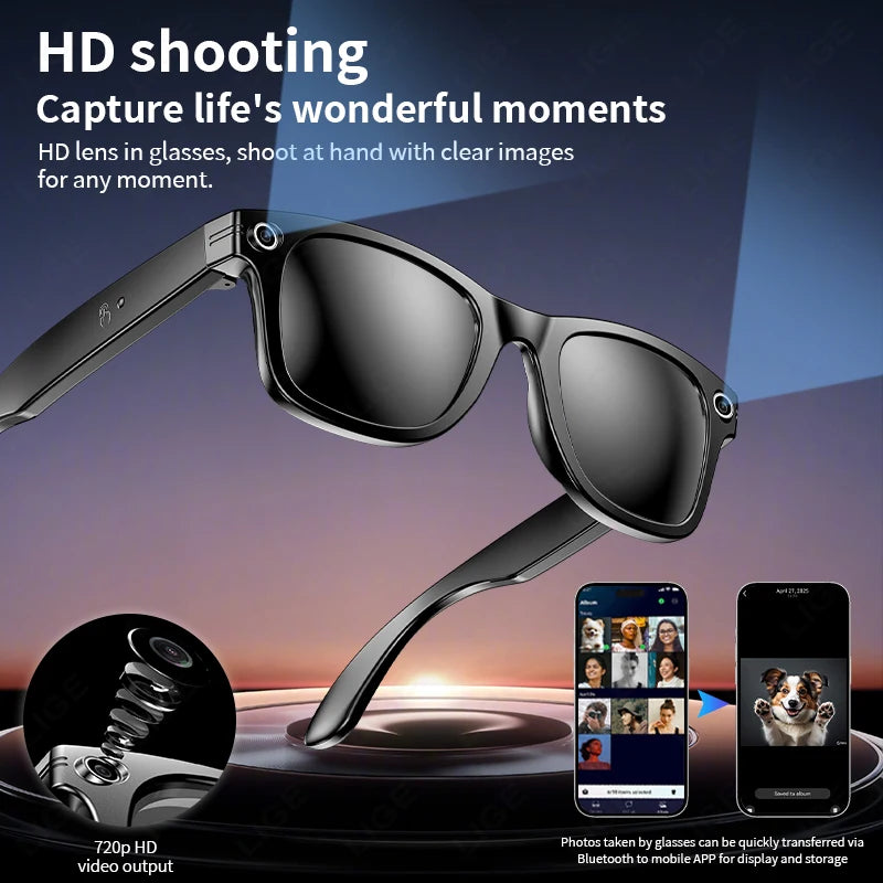 LIGE 100W Camera Bluetooth AI Smart Glasses with Voice Call Music Play Sunglasses Video Sound Record-ShoptAI	