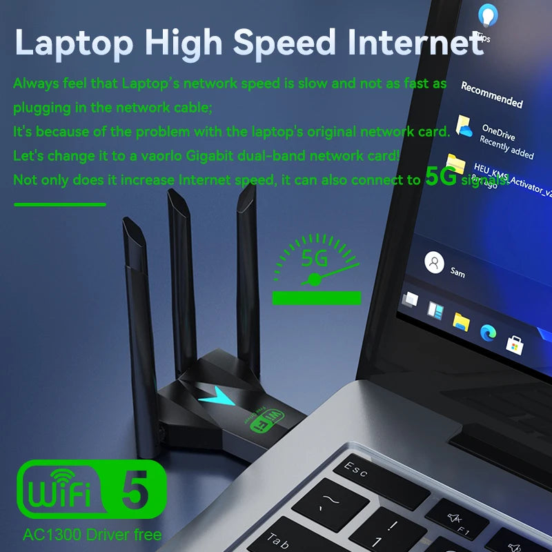 1300Mbps Dual Band WiFi USB Adapter 2.4G/5Ghz Wi-Fi Dongle USB3.0 802.11AC 4-Antenna Wireless Receiver For PC/Laptop Driver Free	