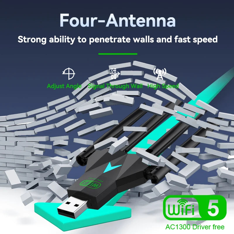 1300Mbps Dual Band WiFi USB Adapter 2.4G/5Ghz Wi-Fi Dongle USB3.0 802.11AC 4-Antenna Wireless Receiver For PC/Laptop Driver Free	