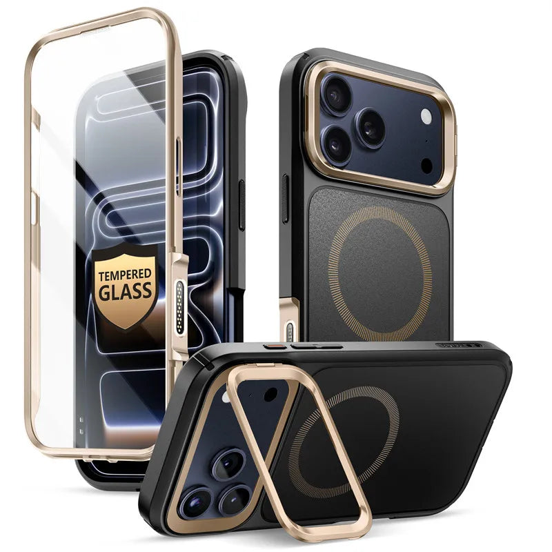 Magnetic Phone Case for iPhone 17 Pro Max Full-Body Cover with Tempered Glass Screen Protector & Stand	