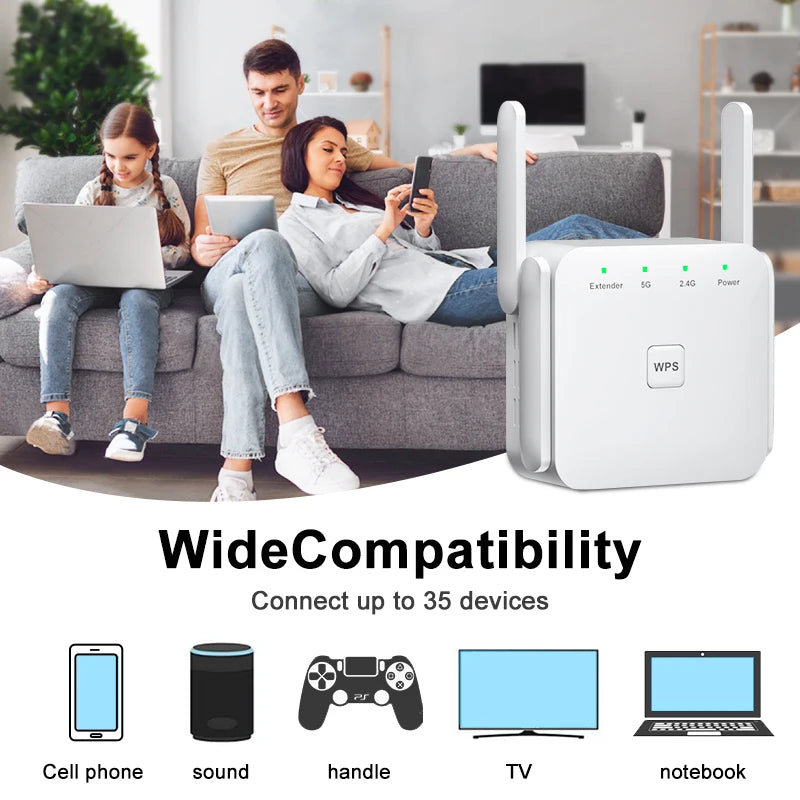 1200Mbps 5G WiFi Repeater AC1200 Wi-Fi Extender Amplifier 2.4G Wi-Fi Signal Booster Long Range Network	